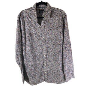 RW & Co Mens Button Down Shirt Slim Fit Non-Iron Floral Print Cotton Blue Red XL
